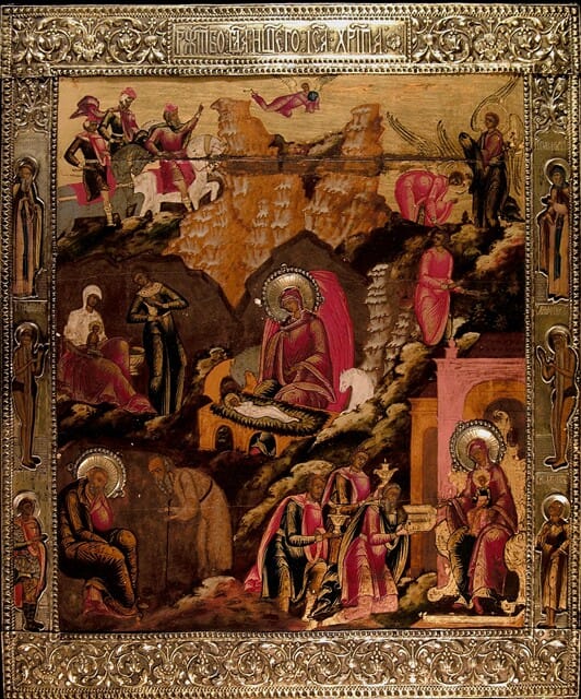 Nativity and Adoration of the Magi, c.1680, tempera on panel, 21 5/16 x 17 ¾ x 1 11/16 inches. Brigham young University Museum of Art, gift of Richard B. and Nadene Oliver, 1975.
